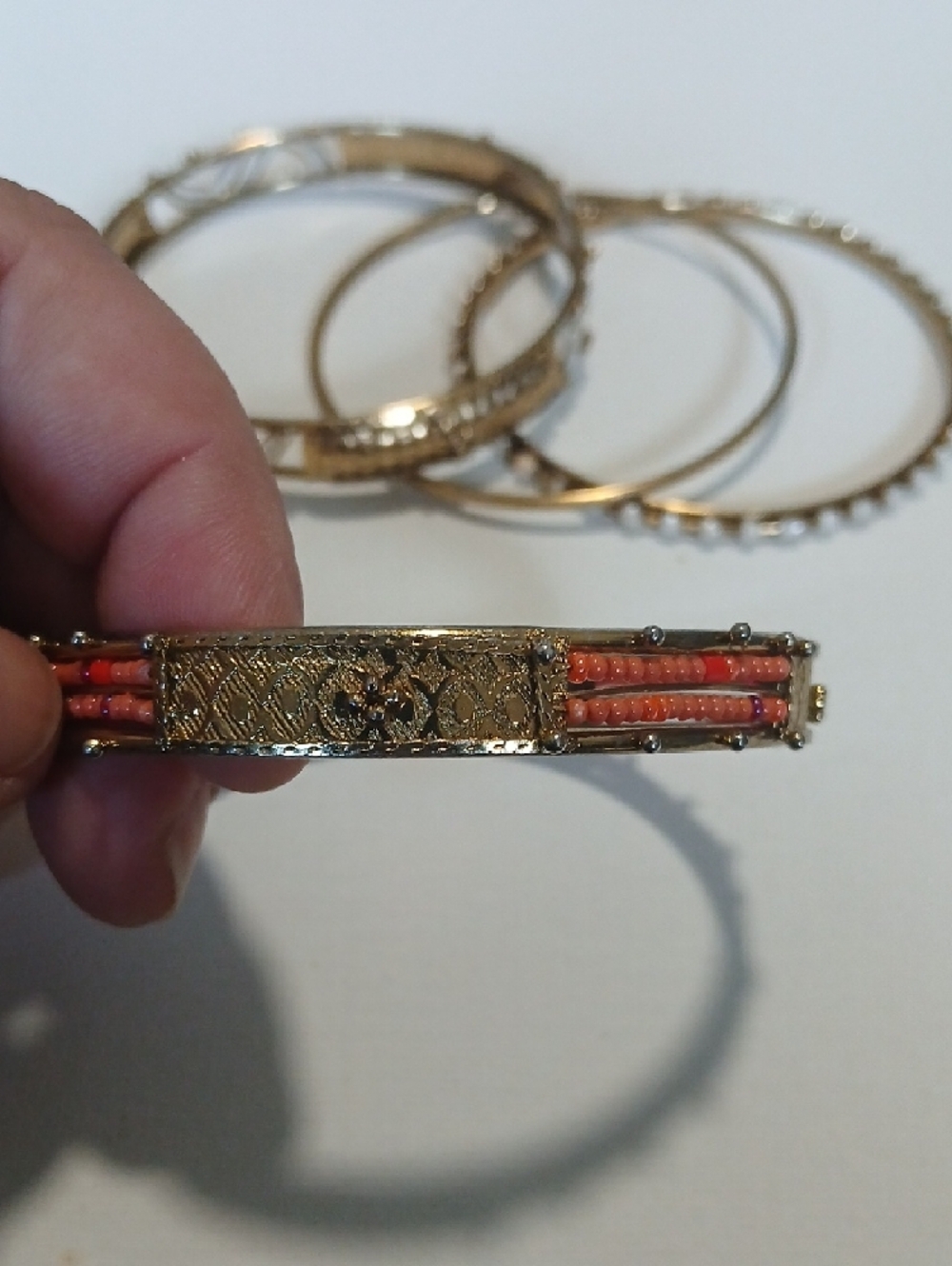 Boho Festival Gold-Tone Women's Bangle Bracelet Set with Coral & White Accents - Picture 7 of 16
